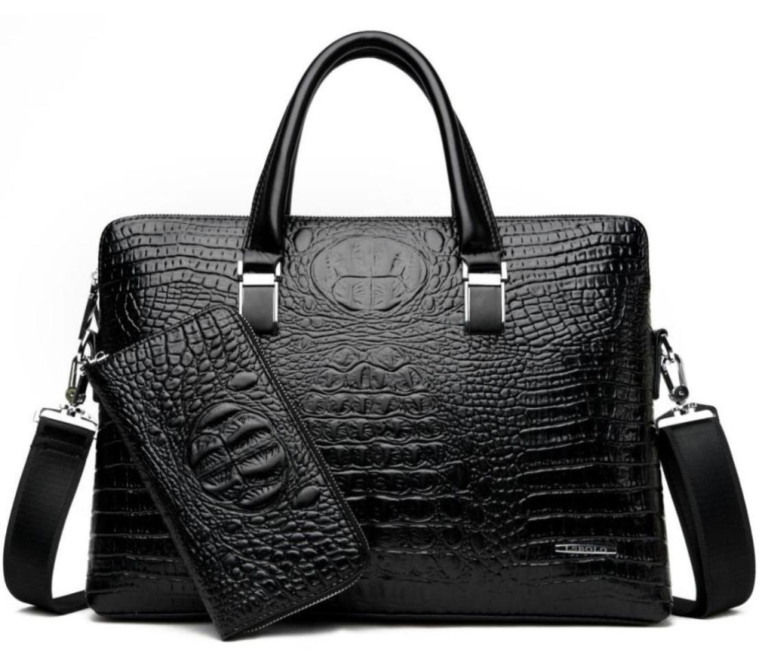 

Briefcases Men39s Brand Crocodile Pattern Designer Alligator PU Leather Handbag Business Office Laptop Bag Male Vintage Tote 206288281, Black