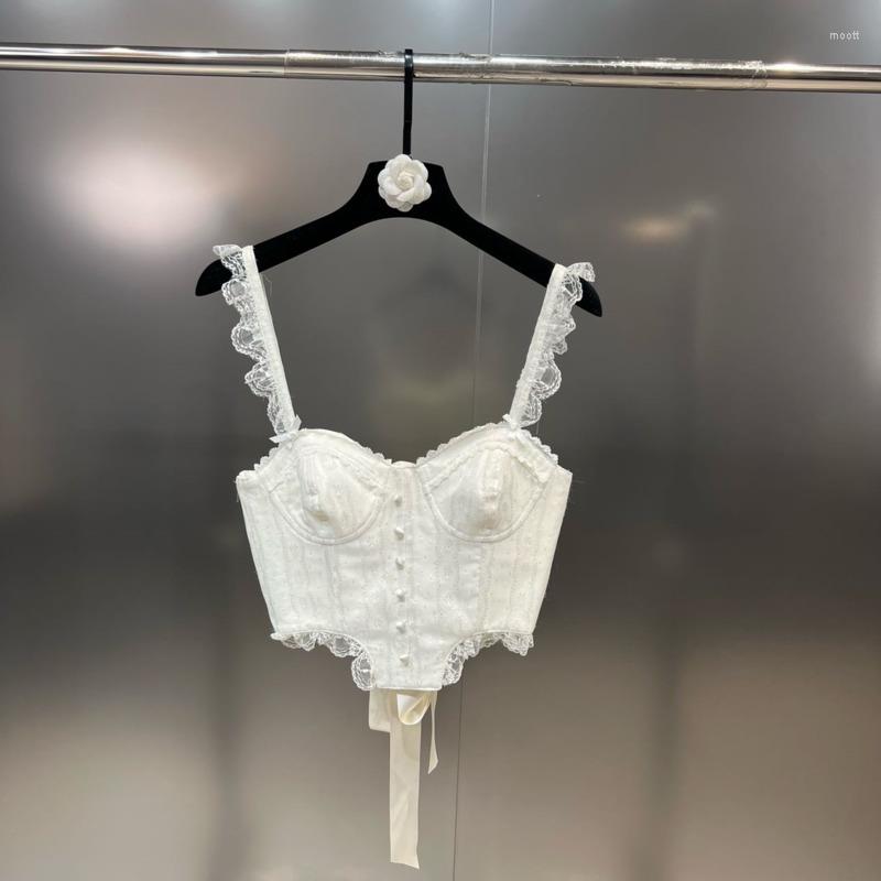 

Women' Tanks PREPOMP 2023 Arrivals Sleeveless Lace Shoulder Strap Back Bandage Single Breasted Buttons White Slim Camis Crop Top GG177