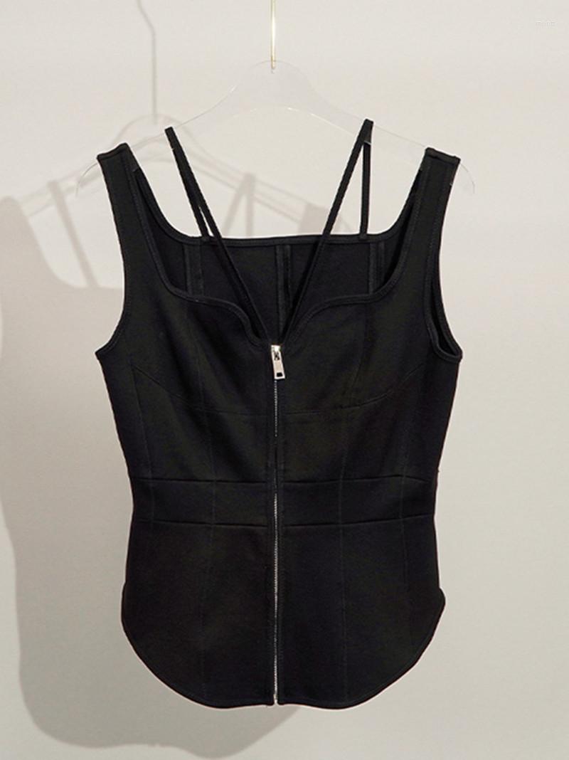 

Women' Tanks Women' Curved Hem Black Sexy Stitching Sling Camisole 2023 Summer Waist Slim Zipper Sleeveless Vest Top Female