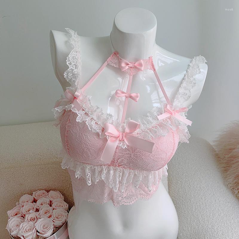 

Women's Tanks Cute Lace Crop Top Women Summer Bows Decoration Lolita Style Cropped For Sweet Girl Kawaii Clothes, White tops