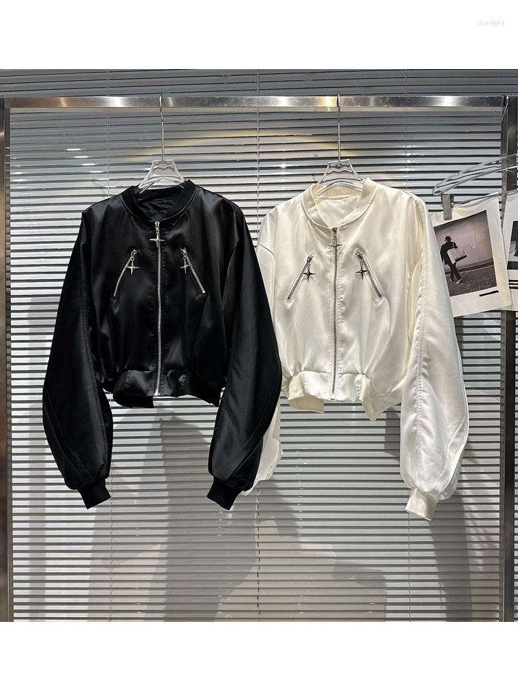 

Women's Jackets HIGH STREET Est Fashion 2023 Spring Designer Jacket Metal Zipper Design Satin, Black