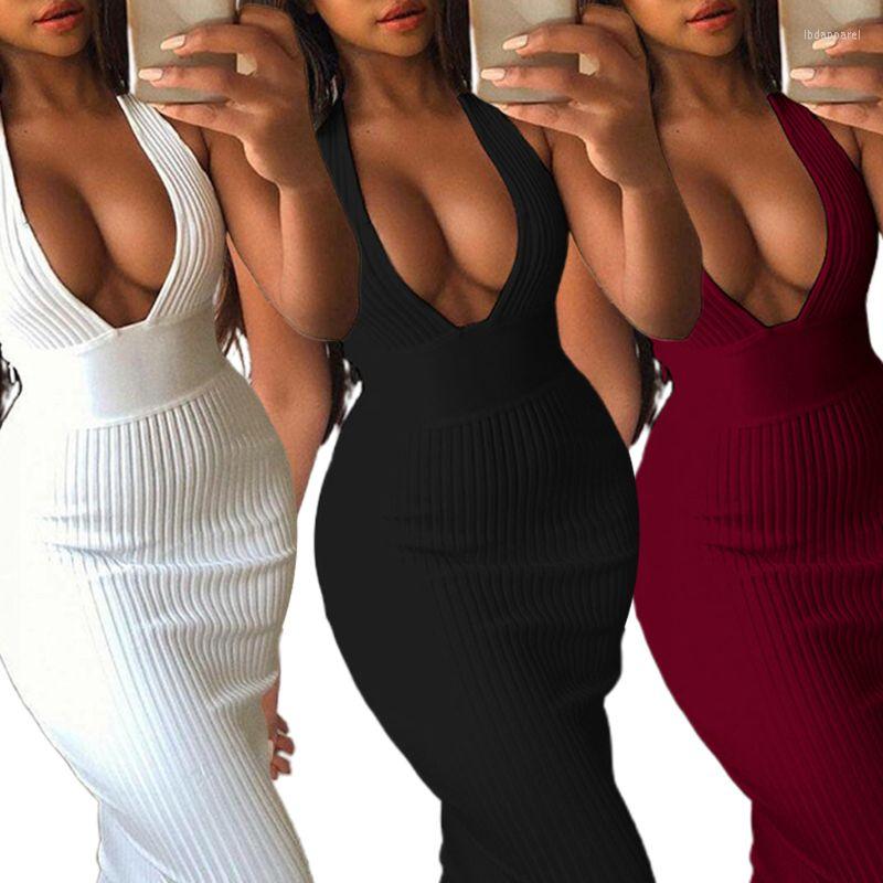 

Casual Dresses Ladies Sexy Halter Plunging Deep V-Neck Backless Maxi Pencil Dress Ribbed Knitte DropShip, Black
