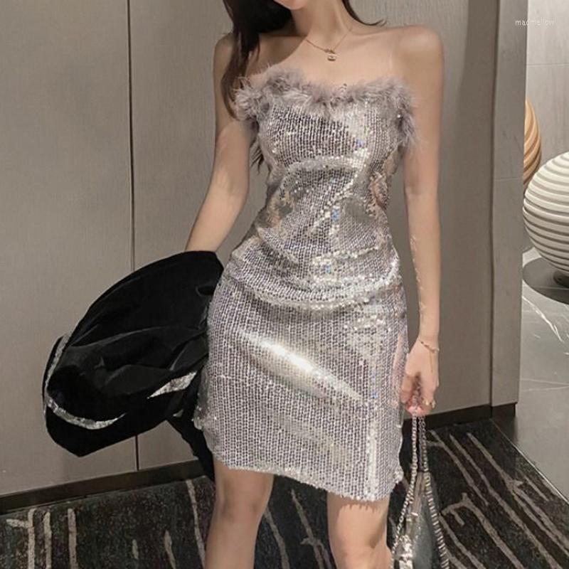 

Casual Dresses Selling Short Dress High Waist Sexy Sequin Off Shoulder Feather Vintage Slim Fit, Black