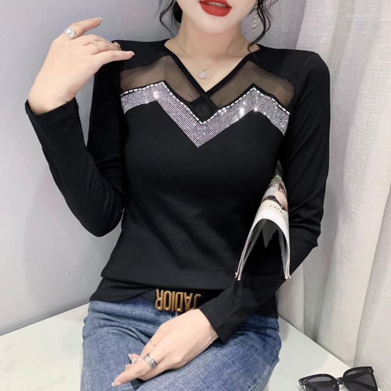 

Women's T Shirts #8026 Black Red Spliced Mesh Hollow Out Tight Shirt Women Shiny Diamonds Sexy Streetwear Tshirt Female V-neck Office Lady