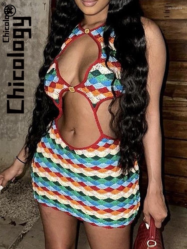 

Casual Dresses Chicology Sexy Hollow Out Sleeveless Slim Printing Mini Dress Party Night Club Fashion Vacation Beach Outfit For Women, Multi