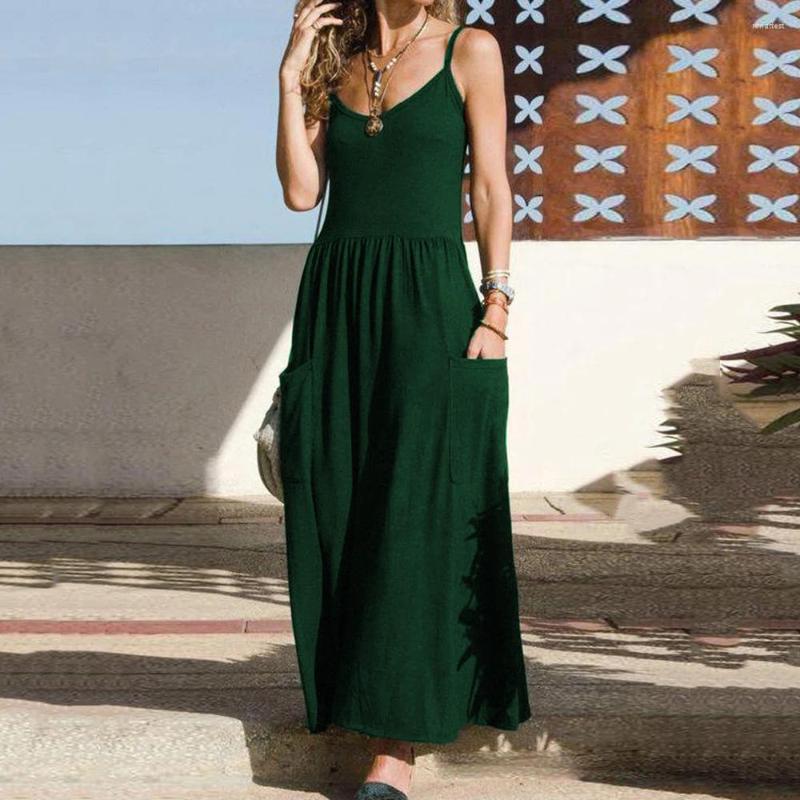 

Casual Dresses 2023 For Women Party Evening Sexy Spaghetti Strap Dress Solid Color Swing Pocket Pleated Vestidos Clothing, Dark green