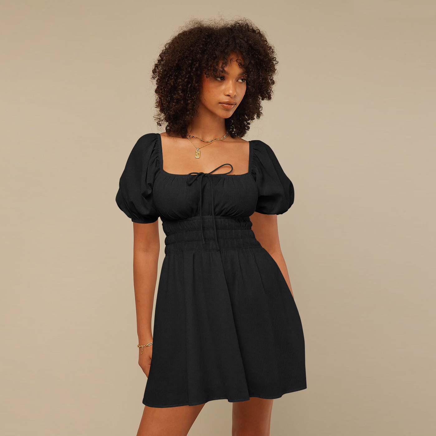 

2023 Summer new product womens A-line short dress sexy big square collar lantern sleeve high waist slimming skirt for girls black red blue purple apricot color
