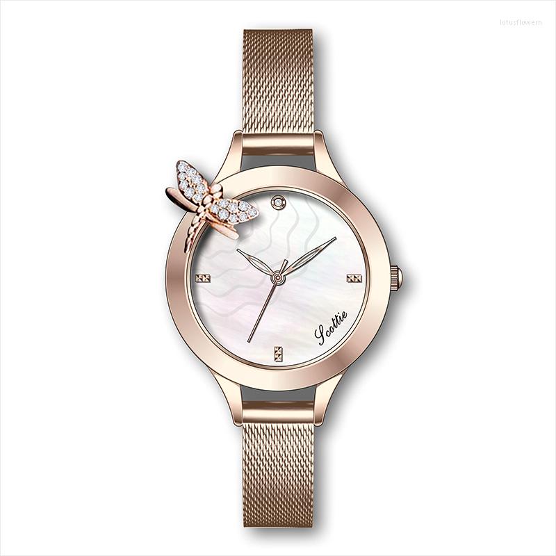 

Wristwatches Women Watches Ladies Japan Quartz Round Butterfly Bracelet Relojes For Laides Rhinestone Female Wristwatch, Rose white
