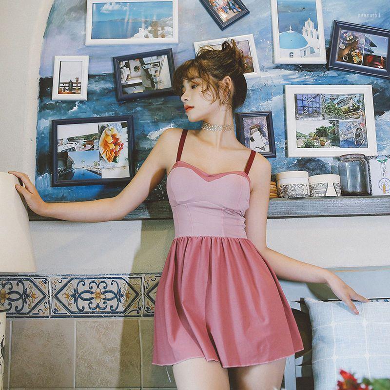 

Women's Swimwear One-piece Swimsuit Slim Skirt Style Sexy Fresh Cover Belly Spring Students Swimming Suit Women, Pink