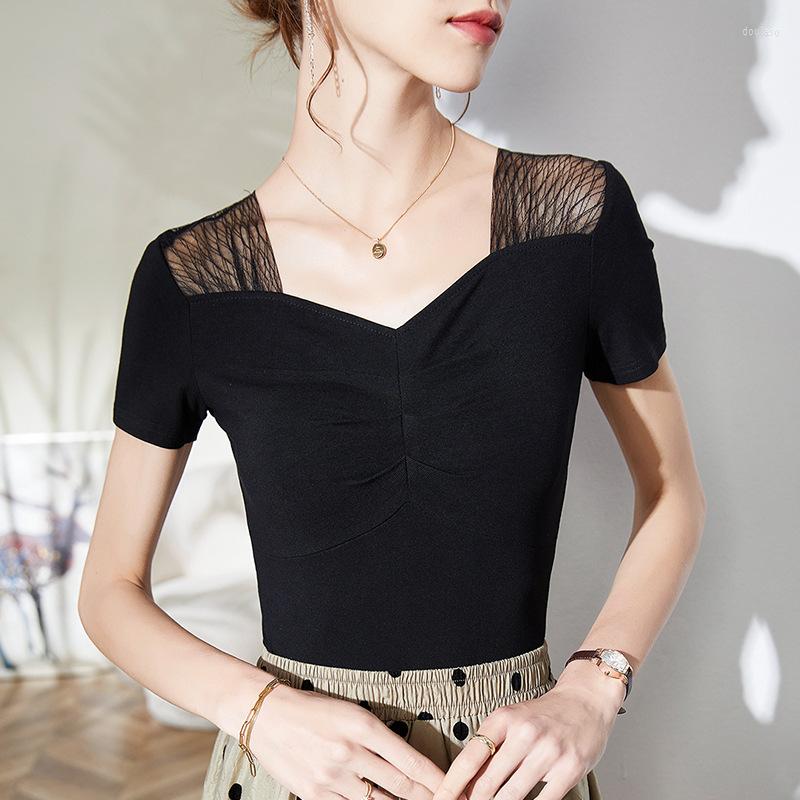 

Women's T Shirts 2023 Summer Short Sleeved V-Neck Women's T-Shirt Fashion Casual Patchwork Mesh Tops High Strecth Black Blusas