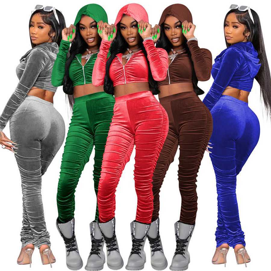 

Designer Fall Winter Velvet Tracksuits Women Sweatsuits Long Sleeve Hooded Jacket and Stacked Pants Two Piece Sets Outfits Casual sports suits Sporswear 8389, Mix color