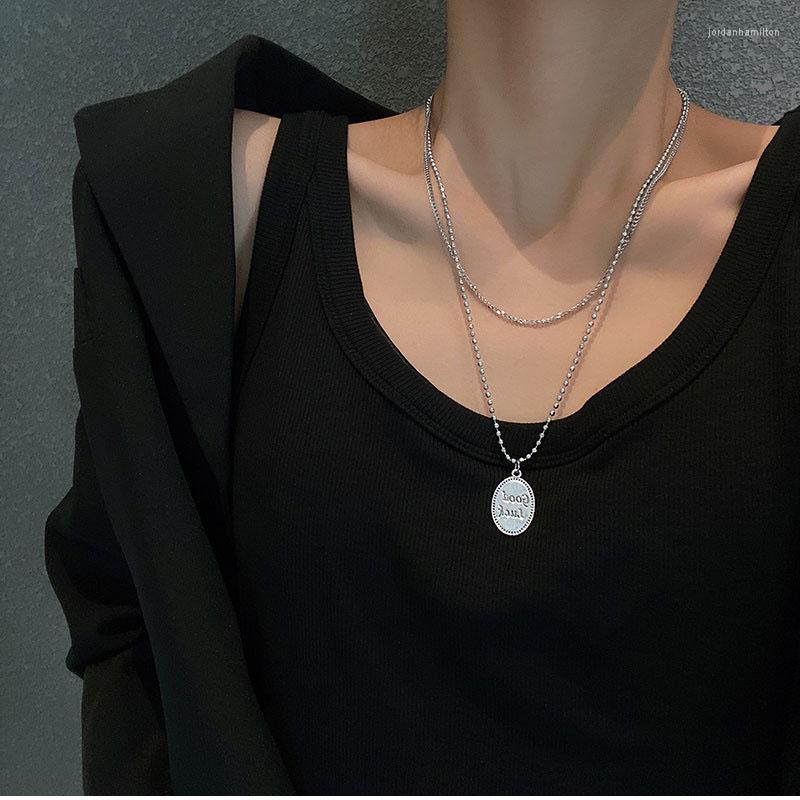 

Pendant Necklaces Letter Good Luck Disc Oval Necklace For Women & Men Titanium Steel Double Layer Chain Choker Collares Vintage Jewelry