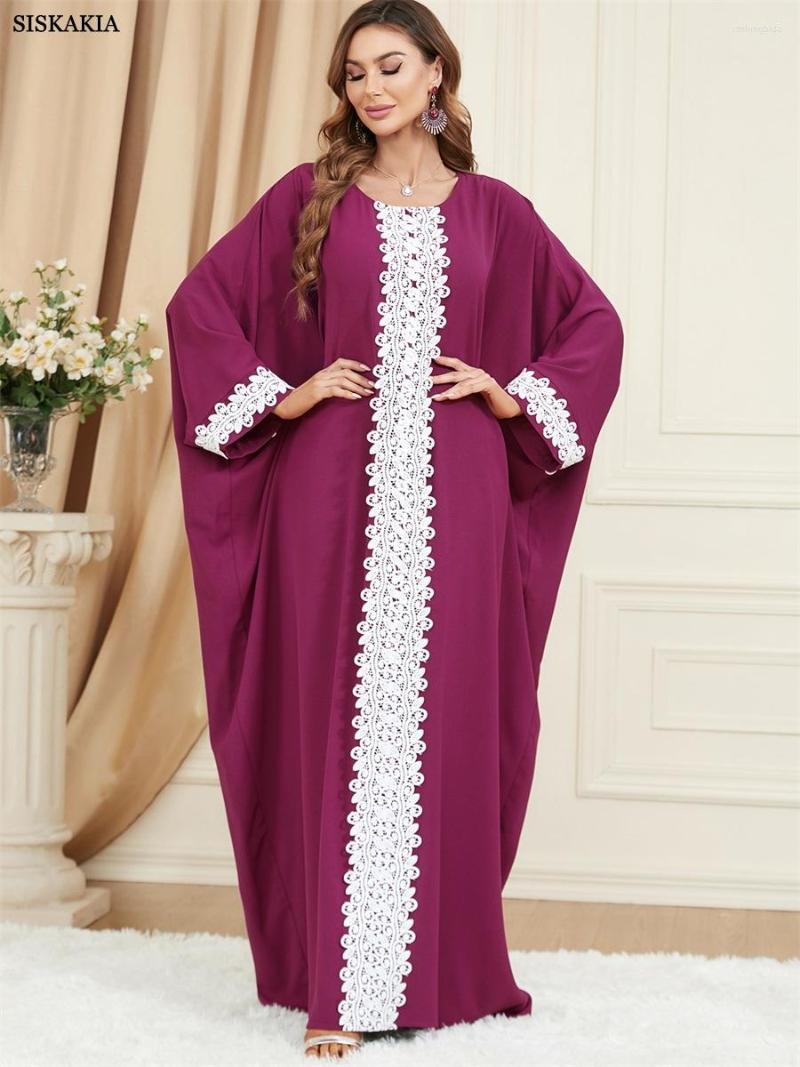

Ethnic Clothing Royal Moroccan Women's Kaftan Floral Embroidery Guipure Lace Panel Dress Bat Sleeve Kimono Oversized Religious Robe Arab