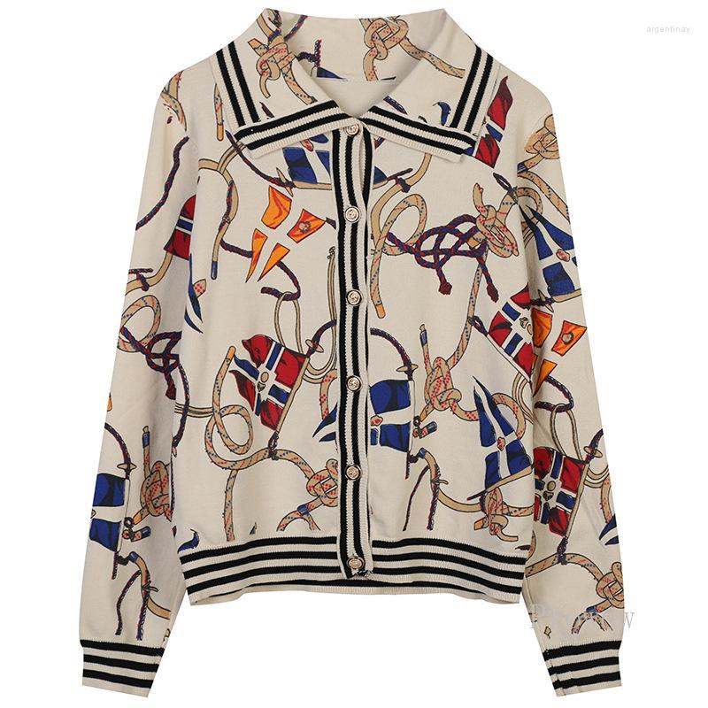 

Women' Knits Contrast Graffiti Jacquard Knit Cardigan Women 2023 Autumn Vintage Turn-down Collar Full Loose Sweater Jacket, Apricot