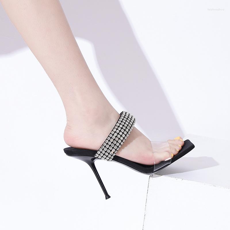 

Sandals 34-39 2023 Summer Rhinestone Transparent Open Toe Black Women's Slippers Stiletto Heels Shoes, 7cm heel