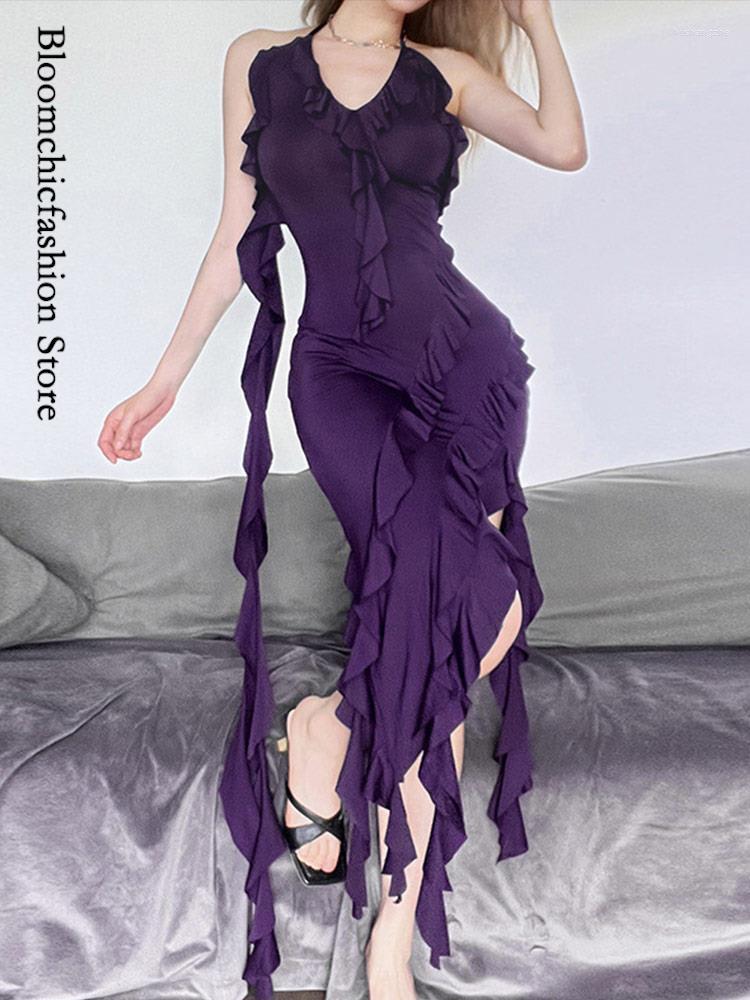 

Casual Dresses Sexy Purple Lotus Leaf Edge Slim Fitting Dress Sleeveless V-neck Backless Hip 2023 Women' Chic Club Vestido