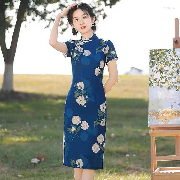 

Ethnic Clothing Traditional Women Print Flower Cheongsam Oriental Young Girls Stage Show Dress Vintage School Qipao Vestido Retro Slim Sexy