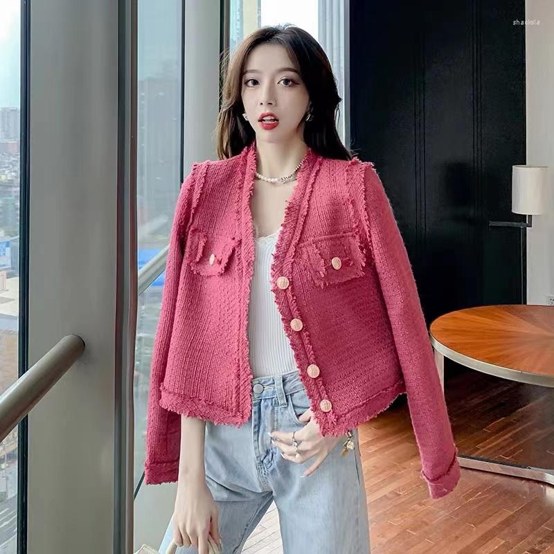 

Women' Jackets JSXDHK French Elegant Women V Neck Tweed Tassel Outerwear Autumn Winter Single Breasted Long Sleeve Woolen Short Top, Pink
