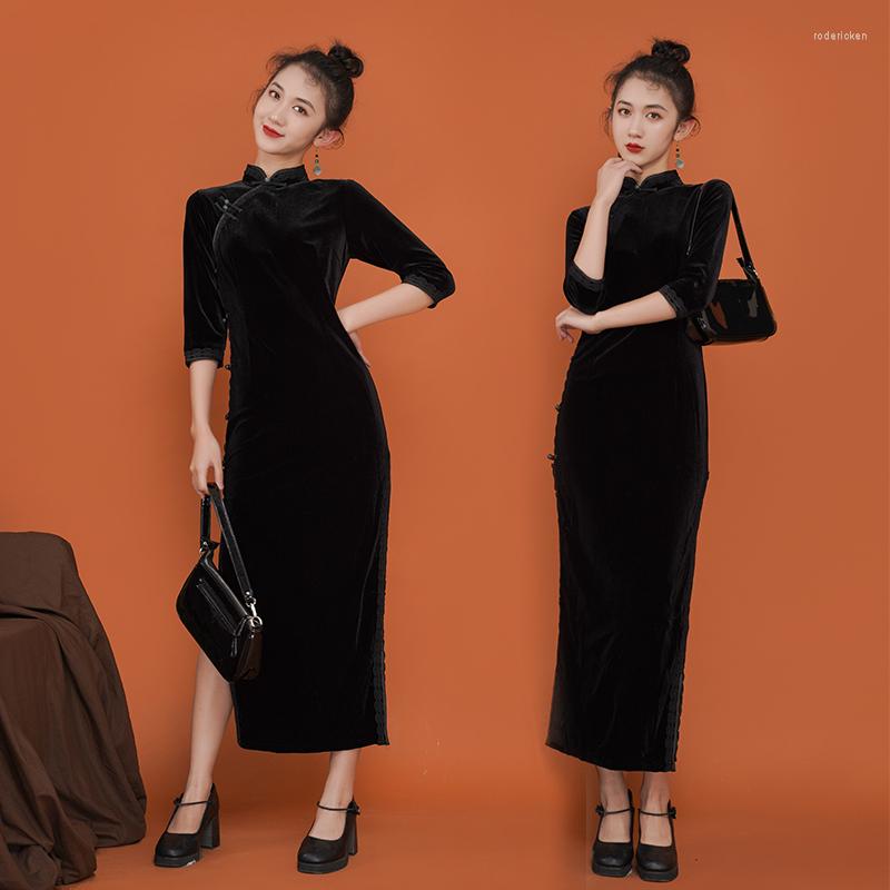

Ethnic Clothing Modified Cheongsam Long Old Shanghai Dress Young Girl Temperament Retro Chinese Style Velvet Autumn And Winter Vestido