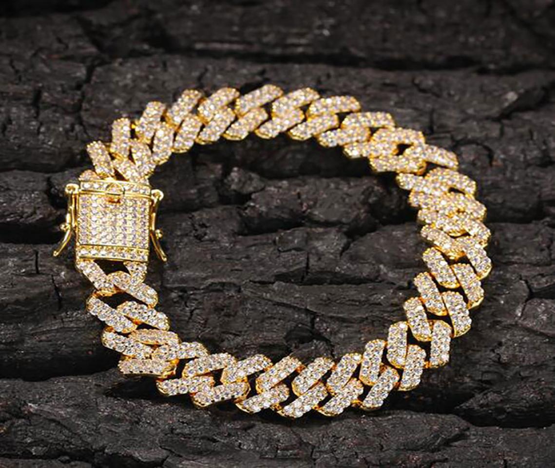 

12mm Gold Silver Zircon Mens Bracelet 18K Gold Plated Full Icy Miami Locked Curb Cuban Bracelets Nonfading Nonallergic3940036