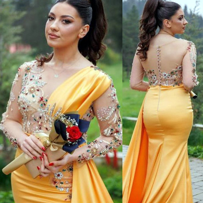 

2023 May Aso Ebi Yellow Mermaid Prom Dress Beaded Crystals Satin Evening Formal Party Second Reception Birthday Engagement Gowns Dresses Robe De Soiree ZJ335, Dark red