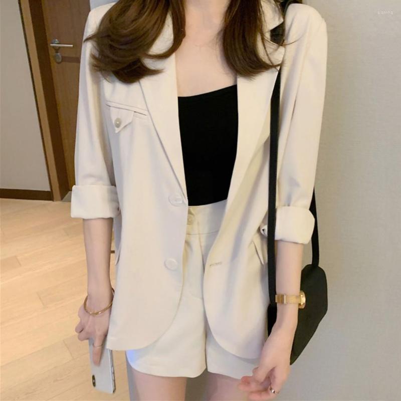 

Women' Tracksuits Women Blazer Coat Shorts Set Solid Long-Sleeves Casual Outfit Lapel Jacket Short Pants Summer Lady Suit For Daily Wear, Blue