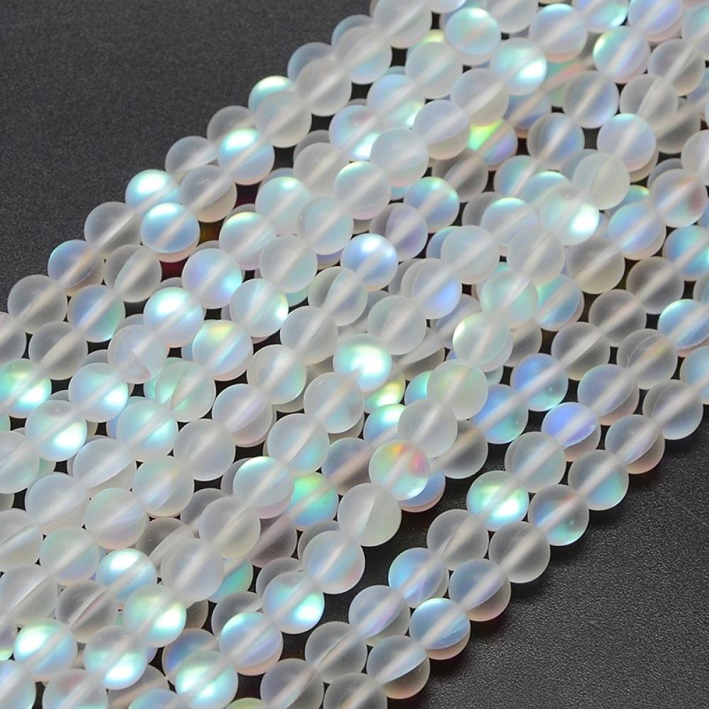 

Crystal 5 Strand Frosted Synthetic Moonstone Round Beads 6mm 8mm 10mm 12mm Half AB Color Plated Bead Strands for jewelry DIY making