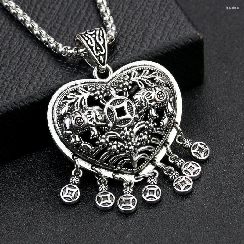 

Pendant Necklaces Vintage Lucky Elephant God Necklace Silver Color Wealth Coin Heart Hinduism Buddhism Fortune Woman Sweater Charm Jewelry