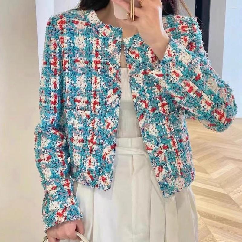 

Women' Jackets Light Luxury Tweed Plaid Color Matching Short Coat Feminine Small Fragrance Woven Long Sleeve Top, Blue