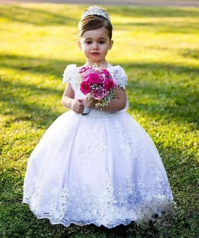 

Girl Dresses Elegant White Flower For Wedding 2023 Lace Appliques Sleeveless Princess Fluffy First Communion Party Gown With Bow, Ivory