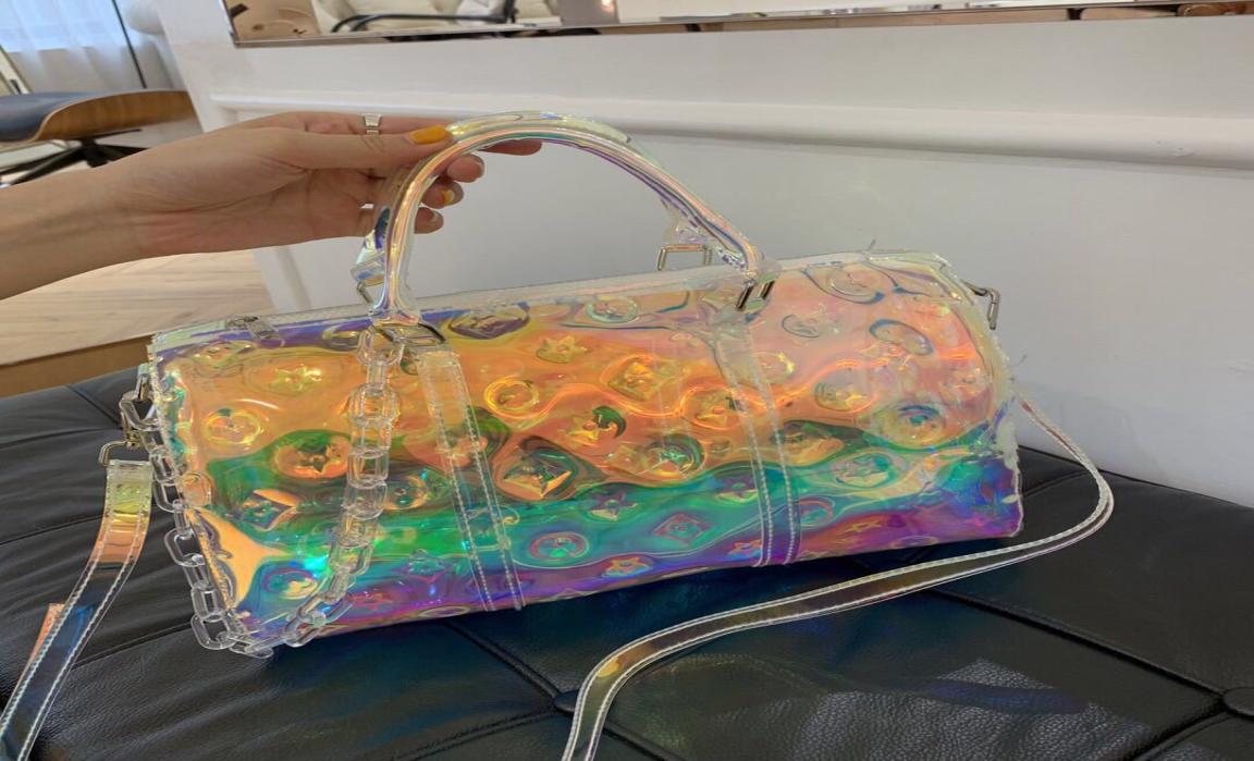 

Allmatch Sports Gym Bag Transparent Embossed Boarding Luggage Portable Colorful Laser Travel Bags Large Capacity Whole7282587, Sky blue