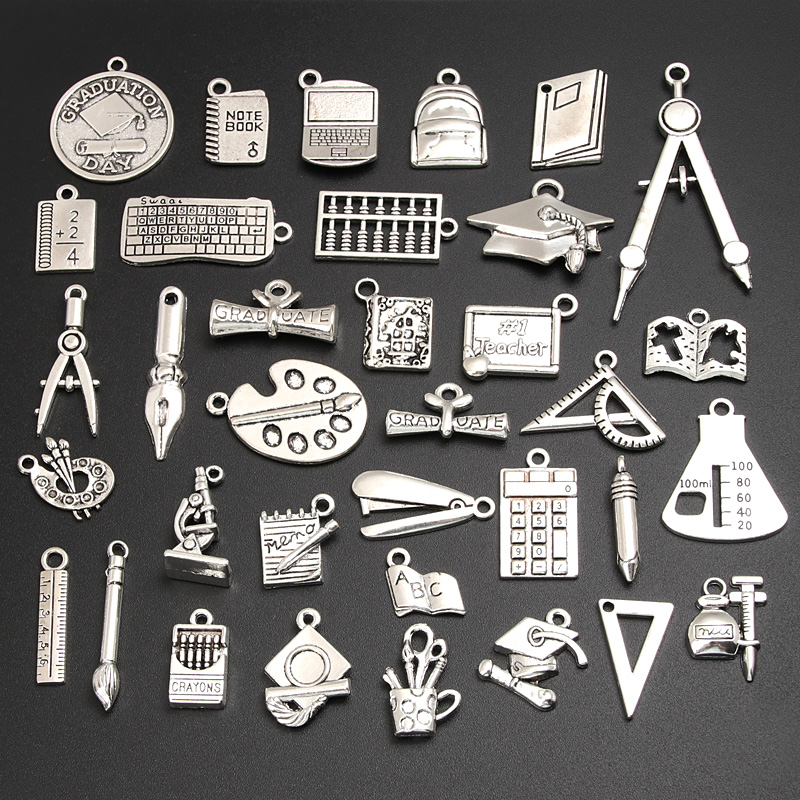 

30pcs Random Mix Silver Color Book Bachelor Cup Pen Charms Paint Board Pendant Making School Supplies Jewelry Accessories