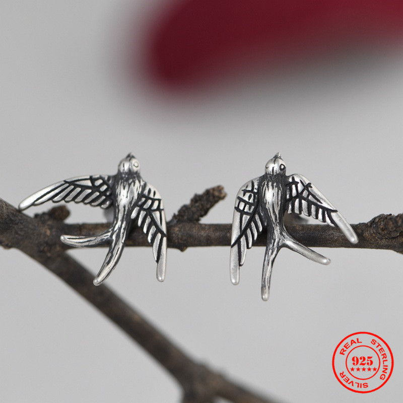 

MKENDN 100% 925 Sterling Silver Creative Retro Swallow Stud Earring Punk Street Style Ear Pin for Women Men Animal Jewelry