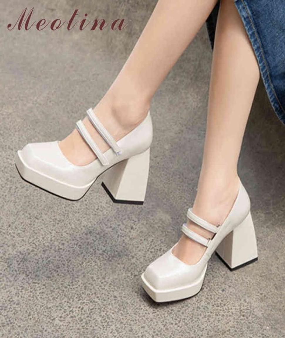 

Meotina Real Leather Mary Janes Shoes Extreme High Heels Platform Block Heel Pumps Lady Square Toe Footwear White Black Size 40 212928522