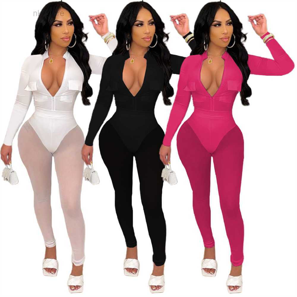 

Bulk Wholesale Tracksuits Women Sexy Bodysuits and Mesh Pants Two Piece Sets Autumn Clothes Long Sleeve Rompers See Through Leggings Night Club Wear 8629, White