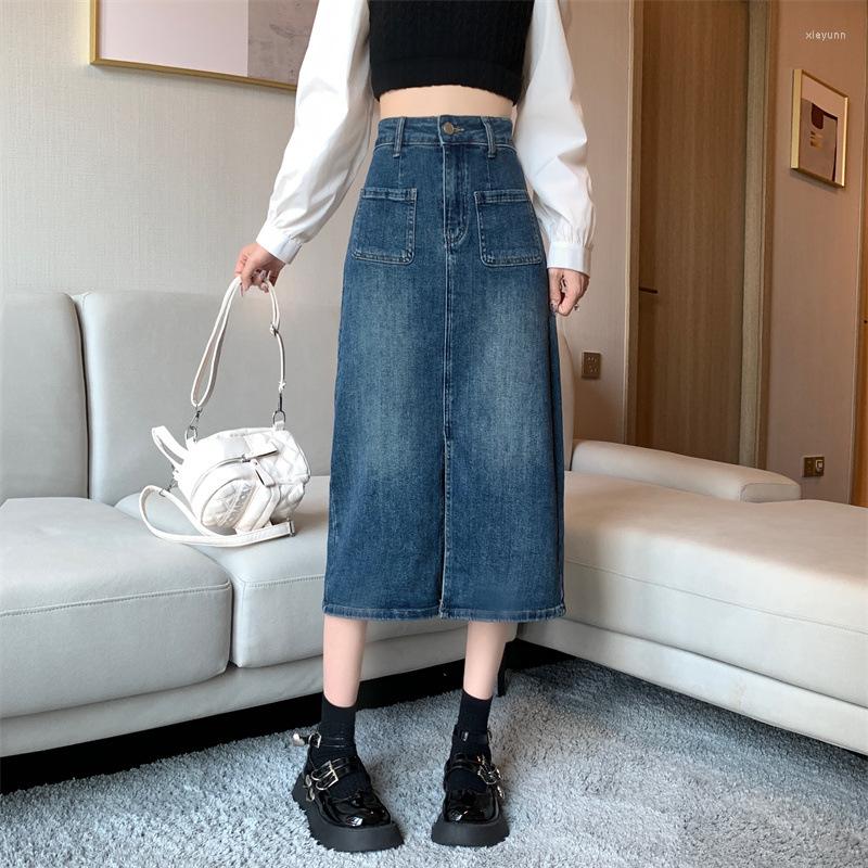 

Skirts Split Denim Half Skirt Spring And Autumn Simple Retro Blue Long A-line Women
