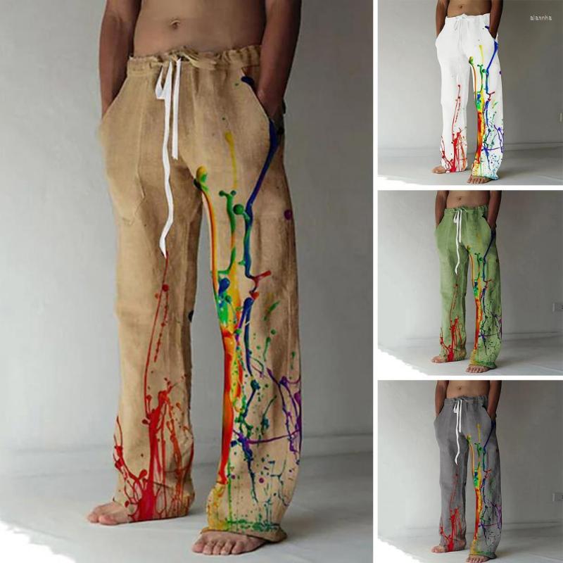 

Men's Pants Men Casual Fashion Trousers Colorful Print Pockets Drawstring Elastic Waist Wide Leg Long Pantalones Hombre, Green