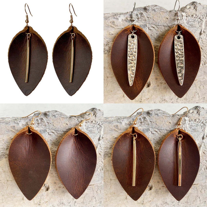 

Metal Bar Crazy Horse Leather Leaves Earrings for Women 2021 Free Shipping Vintage Genuine Leather Earrings Boutique Jewelry
