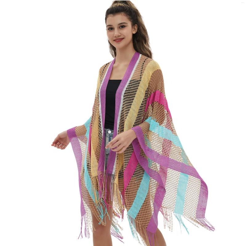 

Scarves 2023 Sun Protection Women Shawl Lady Hollow Out Summer Cardigan Holiday Bikini Blouse Breathable Beach Cape Tassel Striped Wrap