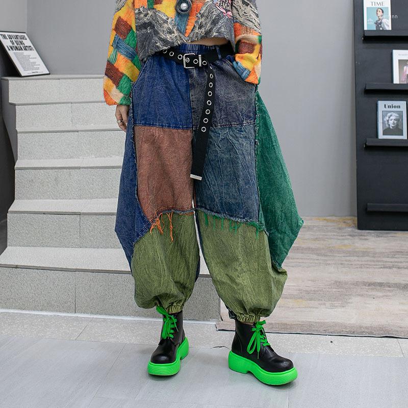 

Women's Pants Spring High Street Colorblocked Harem Oversized Elastic Waist Denim Hip Hop Design Jeans Trousers, As photo