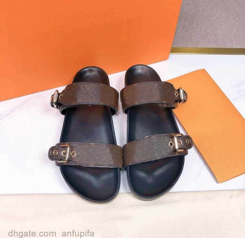 

2023 Designer Women Slides Sandal Bom Dia Flat Mule Slipper Patent Canvas Men Beach Rubber Soles Summer Flip Flops with box size 35-46, Color 1