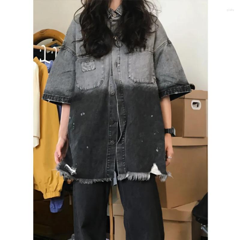

Women' Jackets Grunge Streetwear Denim Shirts Women Kpop Vintage Oversize Gradient Distressed Short Sleeve Top Harajuku Hippie, Black