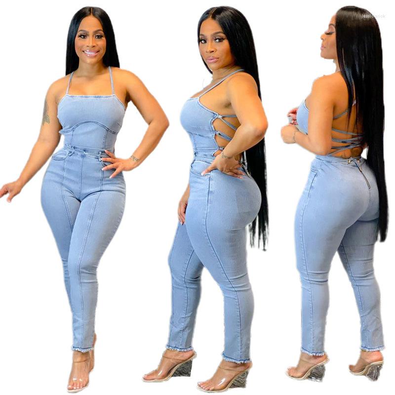 

Women' Jeans Light Blue Washed Women Casual Jumpsuit Sexy Lace-up Backless Halter Stretchy Pencil Summer Autumn Denim Overalls