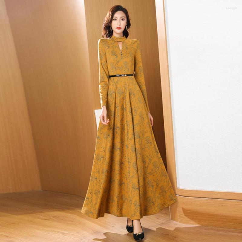 

Casual Dresses Women Spring Autumn Overlength Dress Fashion Bright Silk O-Neck Long Sleeve Slim Thick Female, Yellow