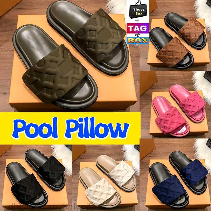 

Pool Pillow Flat Comfort Slippers Embossed Mules Designer Slides With Box Womens shoes Summer nylon Cool luxury Slipper Sandals White printed Fashion mens Slide, 03-pink