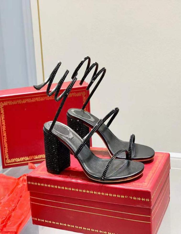 

Cleo Crystals Embellished chunky Heels sandals Rhinestone black Evening shoes women high heeled75mm Luxury Designers Wraparound Dr5965032