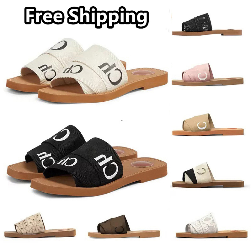 

Designer Woody sandals womens Mules flat slides Light tan beige white black pink lace Lettering Fabric canvas slippers summer outdoor shoes for women free shipping, Item#12