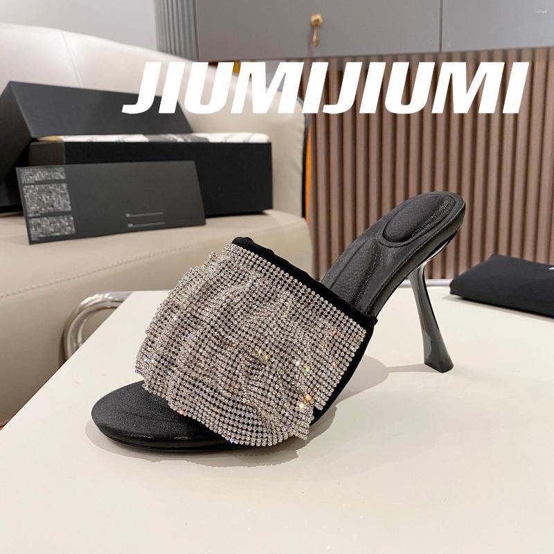 

Slippers JIUMIJIUMI 2023 Est Summer Luxury BlingBling Crystal Woman Pleated Open-Toes Strange Style Desinger Shoes, Heels of 9.5cm