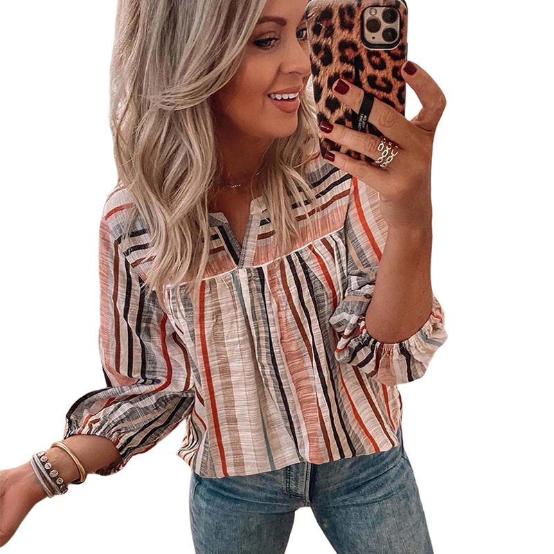 

Women' Blouses & Shirts casual chiffon shirt striped print V-neck pullover, 01