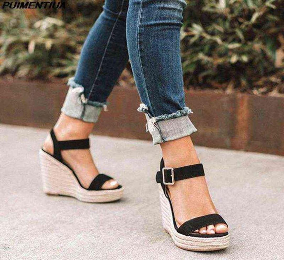 

PUIMENTIUA Platform Women Sandals Summer Wedges Shoes Ladies Hemp Pointed Toe High Heels Casual Shoes Woman H11267645580, Blue